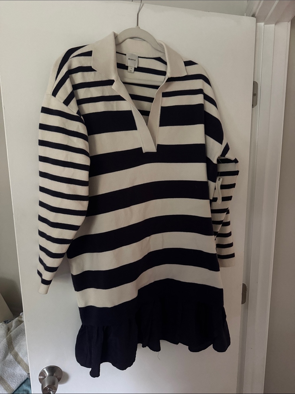 Maeve Black and Cream Striped V-Neck Ruffle-Hem Dress